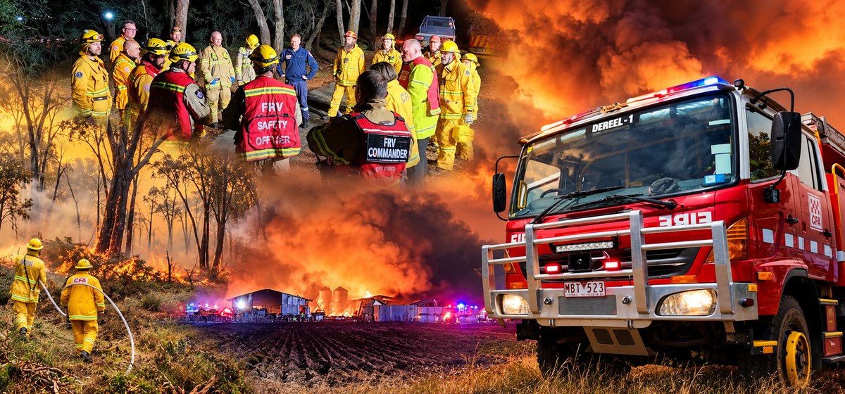 Dereel CFA firefighting and rescue action images as a montage.